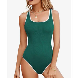 NEW Green Slimming 1 Pc Swimsuit Ribbed High Cut Bathing Suit L